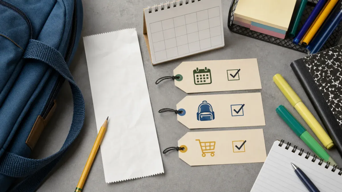 School supplies, blank receipt paper and price tags arranged as a tax-free shopping checklist.