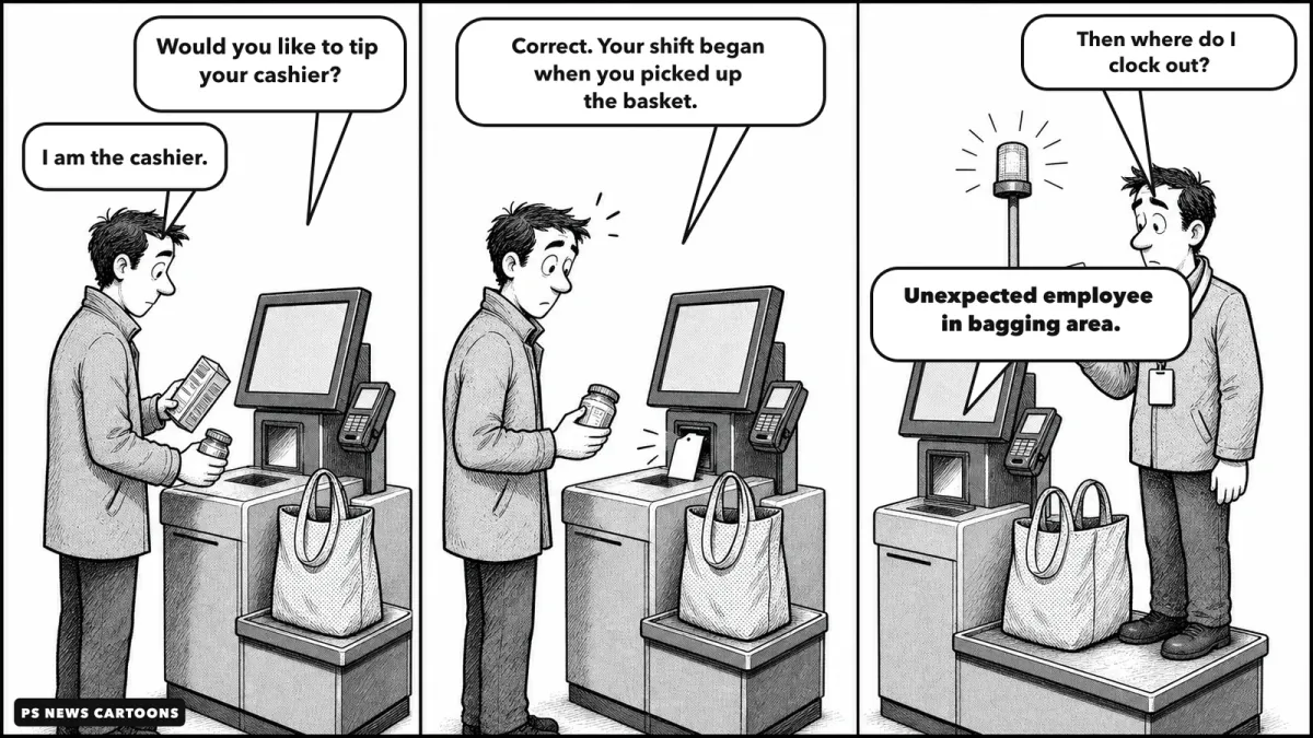 Three-panel black-and-white cartoon in which a self-checkout kiosk asks a shopper to tip the cashier, identifies the shopper as the employee, and finally announces an unexpected employee in the bagging area.