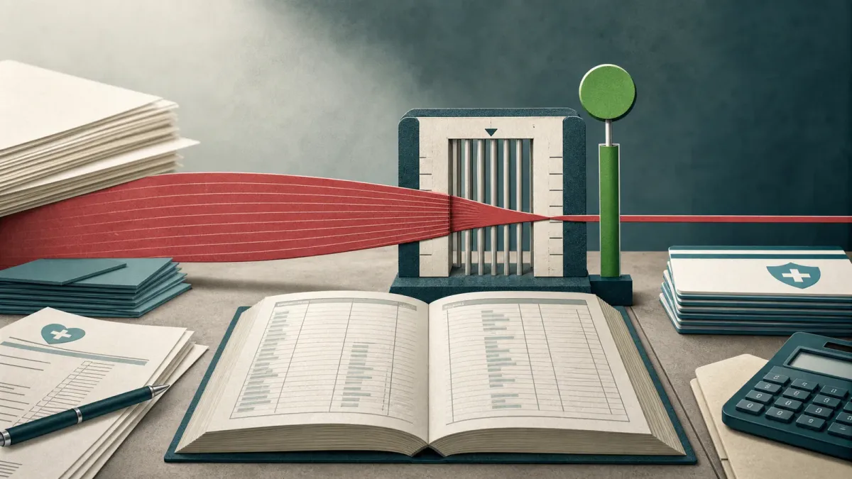 Editorial illustration of a health insurance ledger narrowing medical costs while profit guidance rises