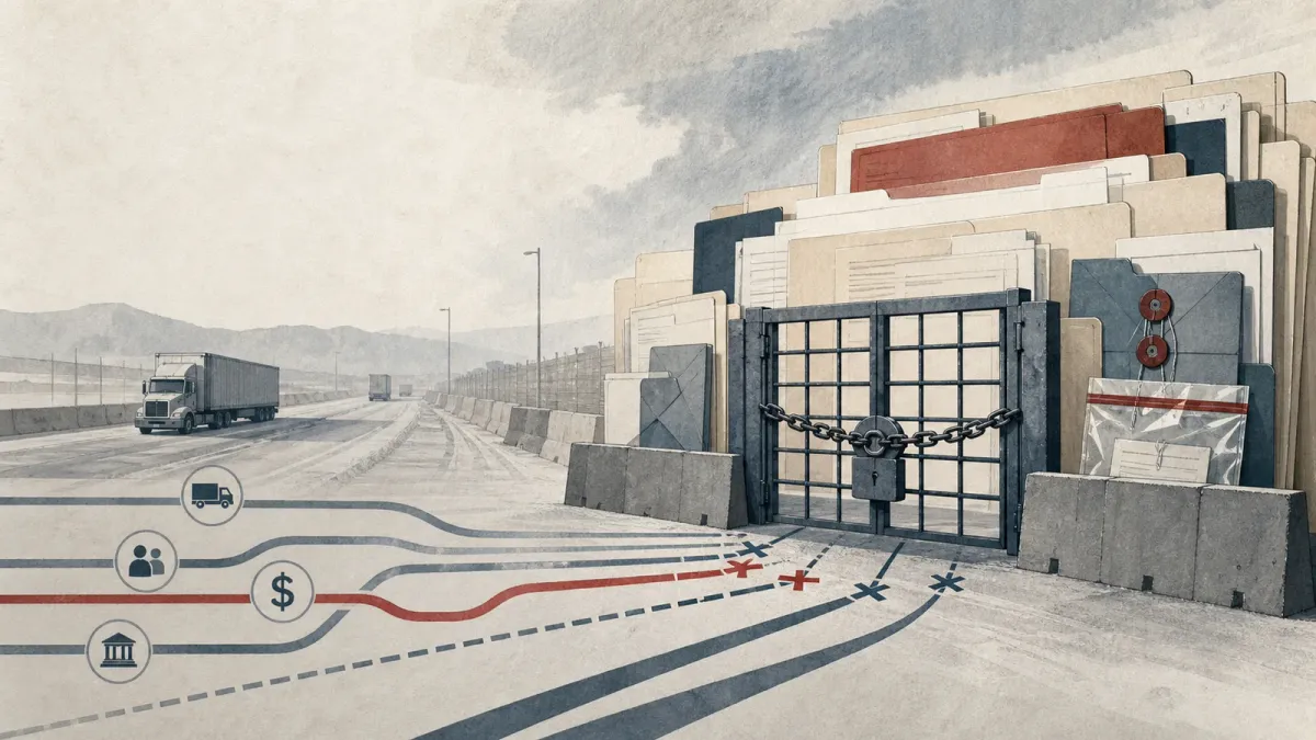 Editorial illustration of a border freight route narrowing into a legal checkpoint with sealed evidence folders in the foreground