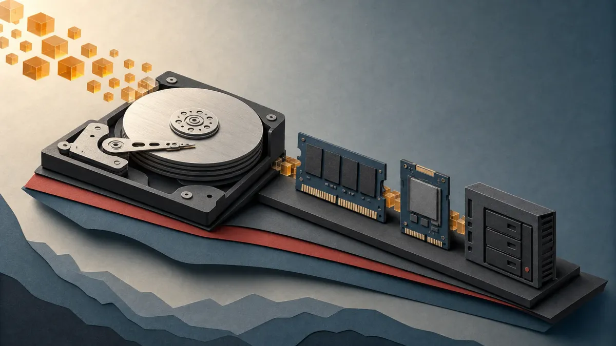 Editorial illustration of connected storage modules tilting downward together while streams of data continue to flow into them
