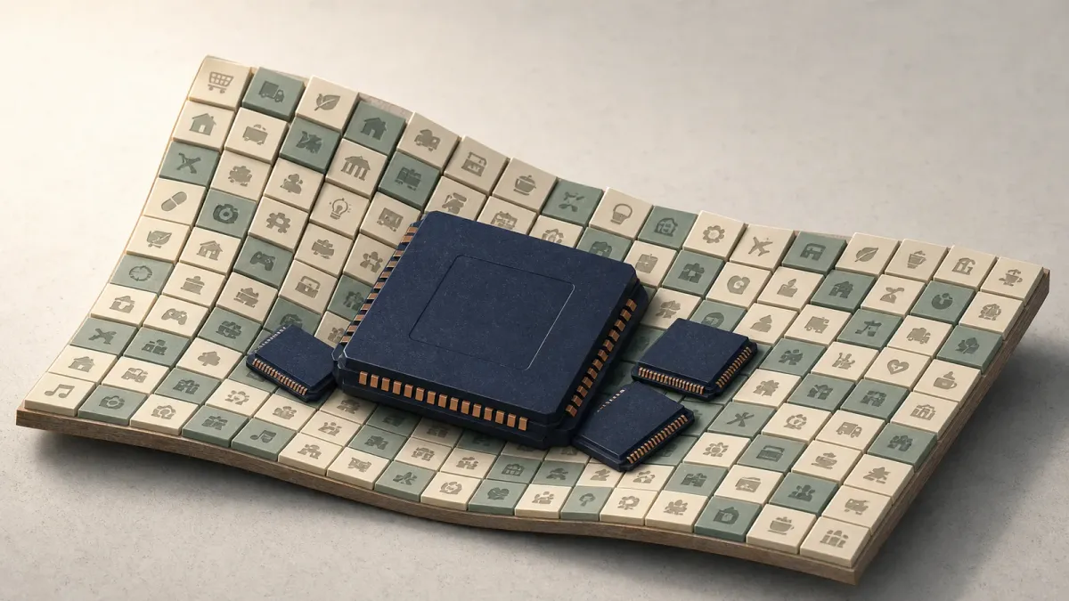 An oversized indigo computer-chip block presses down a platform while many smaller company tiles tilt upward around it.