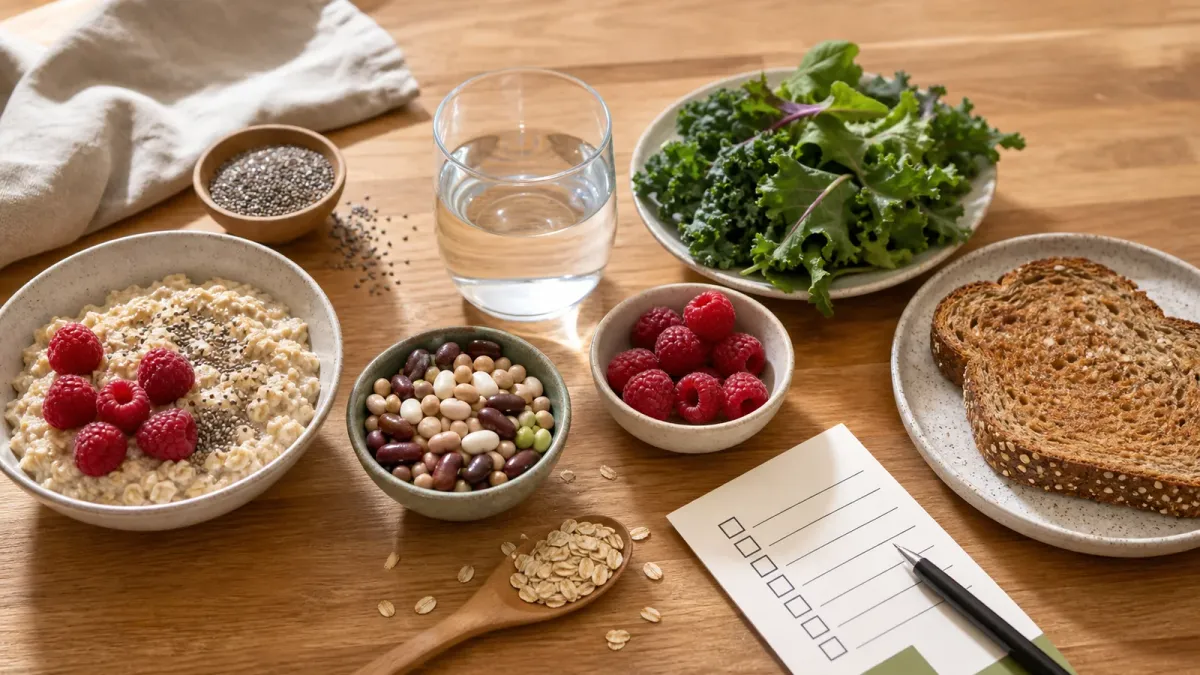 Fiber-rich foods, a water glass, and a nutrition label arranged as a practical daily fiber checklist