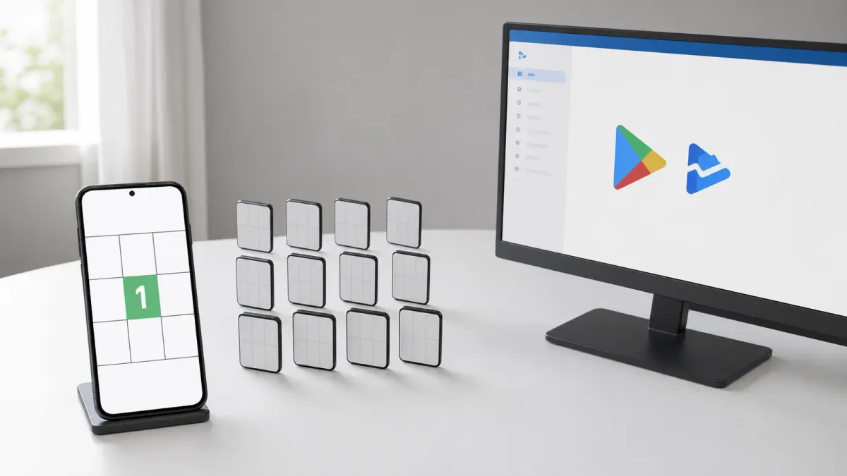 Pure Sudoku app phone waiting behind twelve tester tokens leading toward Google Play Console