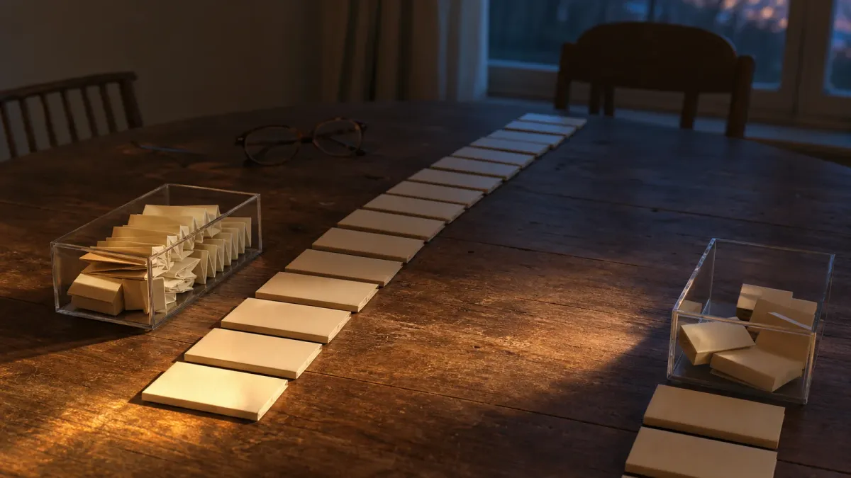 Two saving paths cross a dusk-lit table, with unopened envelopes casting a long shadow beside a much smaller final vessel