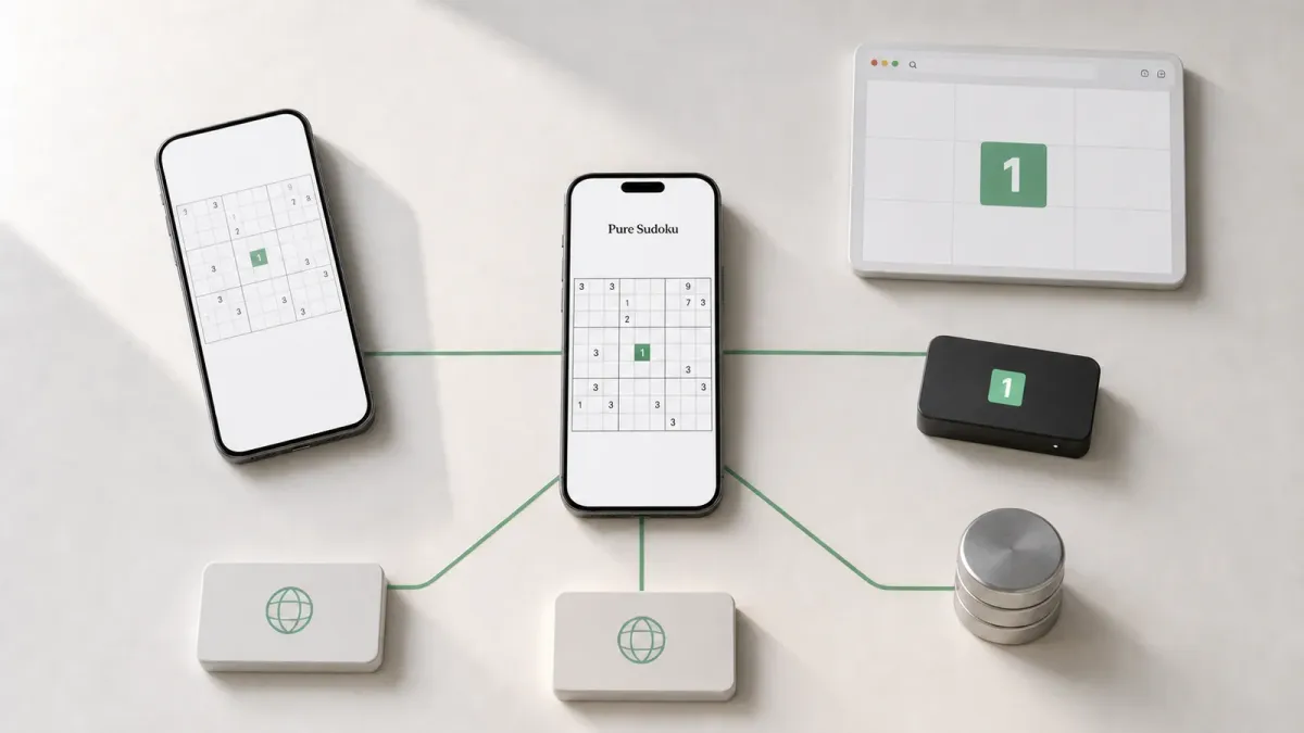 A Pure Sudoku phone interface at the center of a staged engineering workbench, branching to native, web, API, storage, and deployment modules.