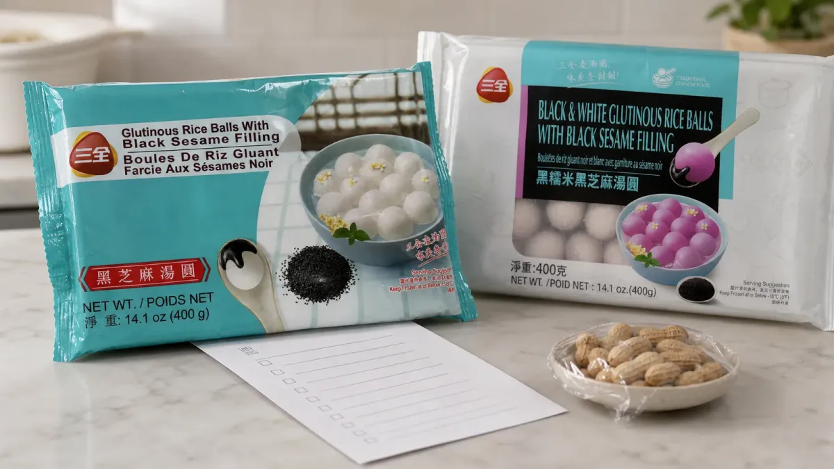 Two recalled Khong Guan glutinous rice ball packages arranged on a kitchen counter with an allergen check setup.