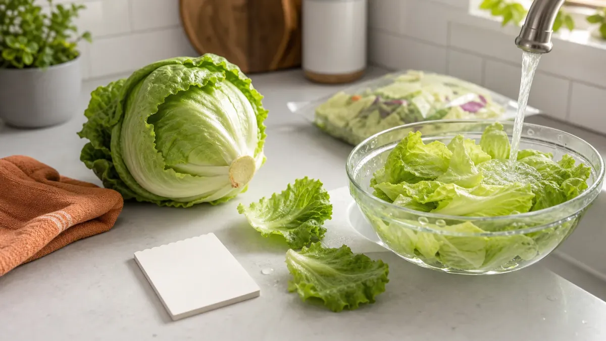 A kitchen counter with a whole head of lettuce, discarded outer leaves and washed inner leaves beside an unbranded salad bag.