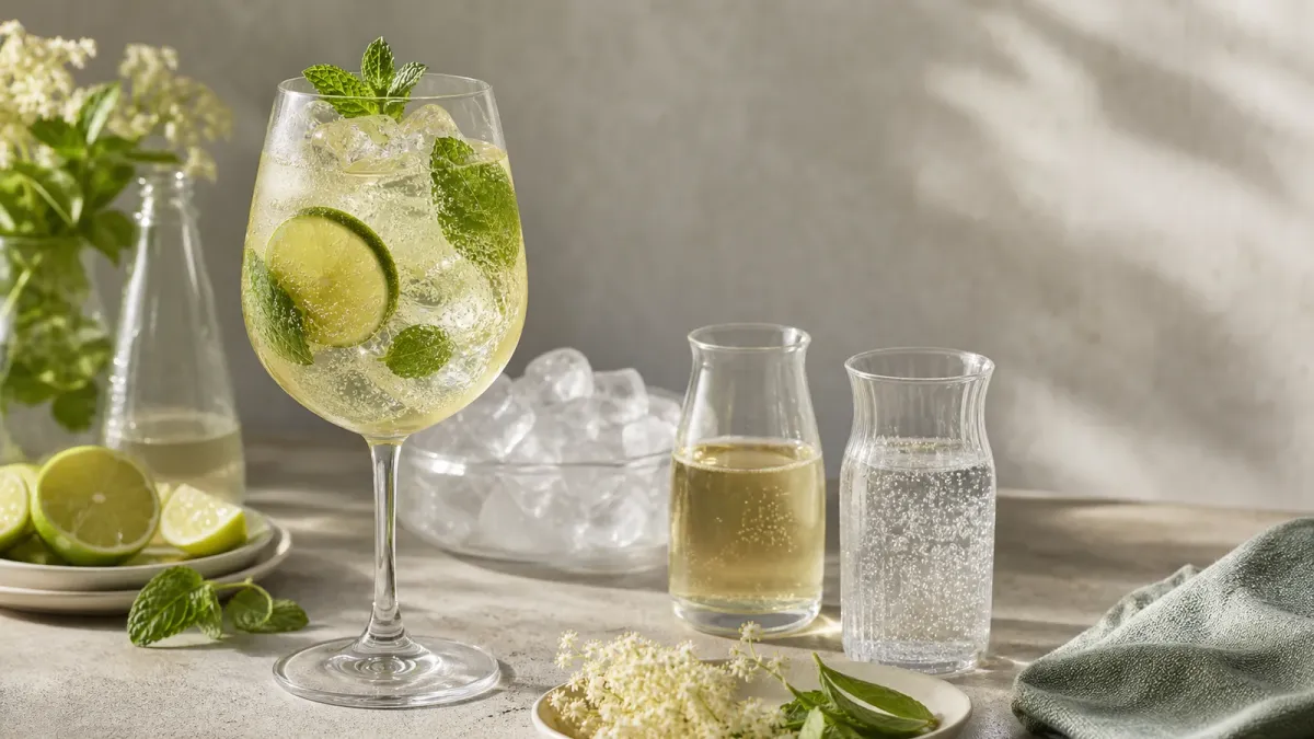 A Hugo spritz with ice, mint, lime, and small unbranded measured pours on a neutral tabletop.