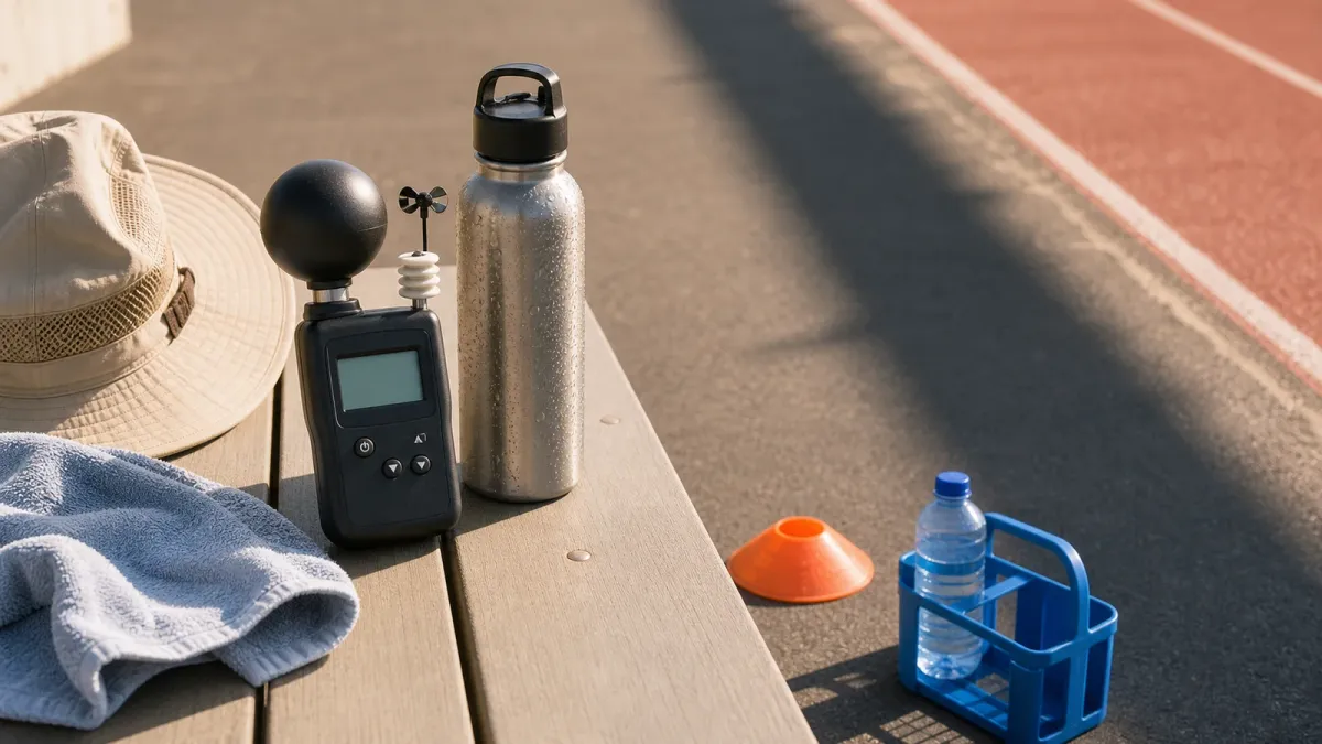 A sunlit heat-planning still life with a weather meter, water bottle, towel and hat beside an outdoor activity surface.