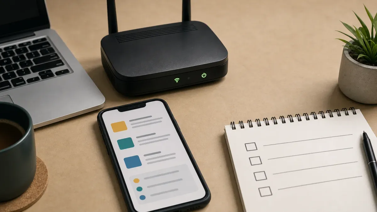 A phone, router lights, laptop edge, and blank checklist arranged as an app outage troubleshooting sequence