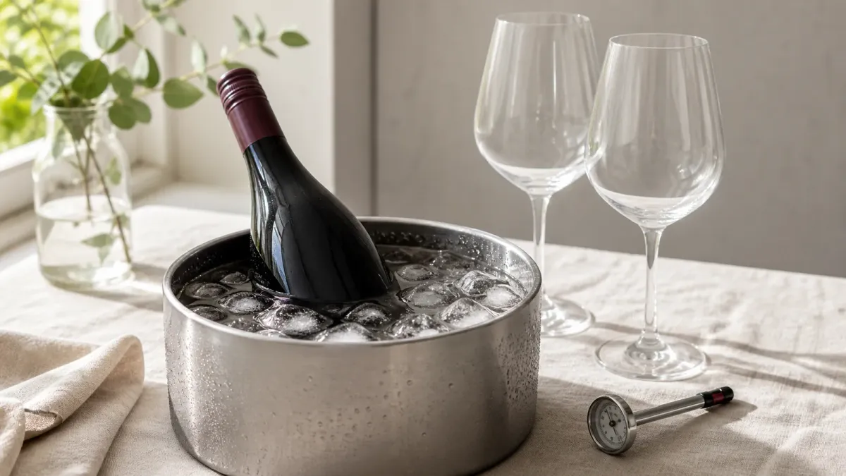A bottle of red wine in an ice-water bath with two empty glasses and a kitchen thermometer nearby