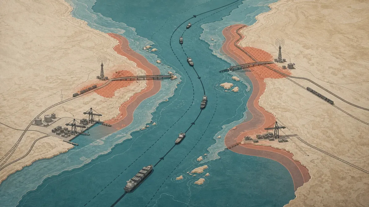 A restrained map-style diagram shows ships squeezed through a narrow gulf route while warning bands mark ports and bridges affected by the U.S.-Iran conflict.