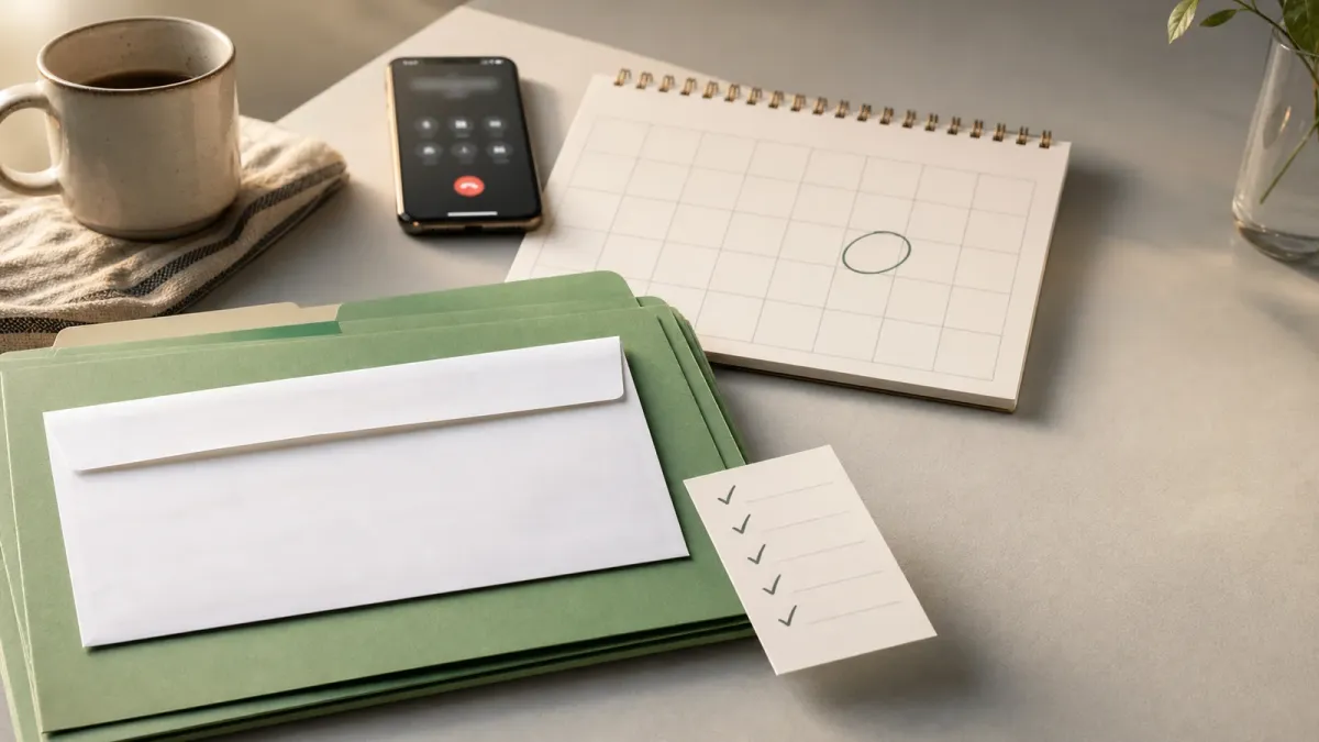 A mortgage notice, phone, calendar, and folder are arranged as a homeowner action checklist