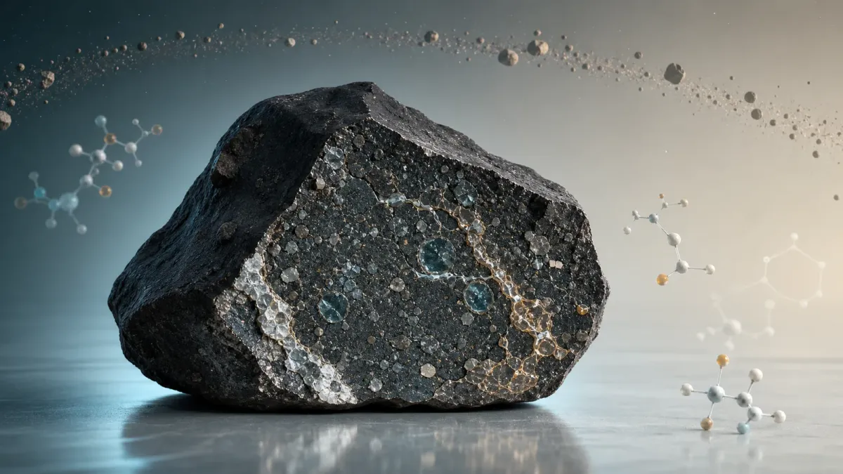 Illustration of a dark meteorite fragment with mineral veins and abstract brine chemistry.