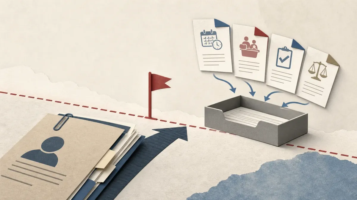 Illustration of an application packet approaching a policy review threshold with filing and benefits record tabs nearby
