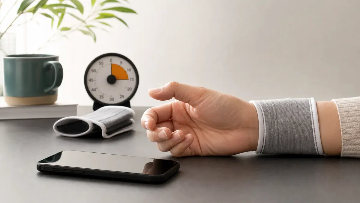 A smartphone resting beside a relaxed hand, soft wrist wrap and break timer on a clean desk