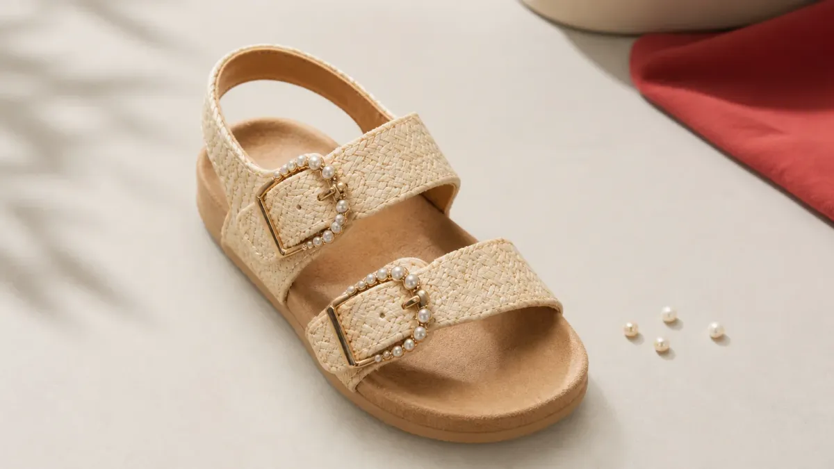 Recalled tan Cat & Jack toddler sandal with pearl trim shown on a neutral inspection surface.