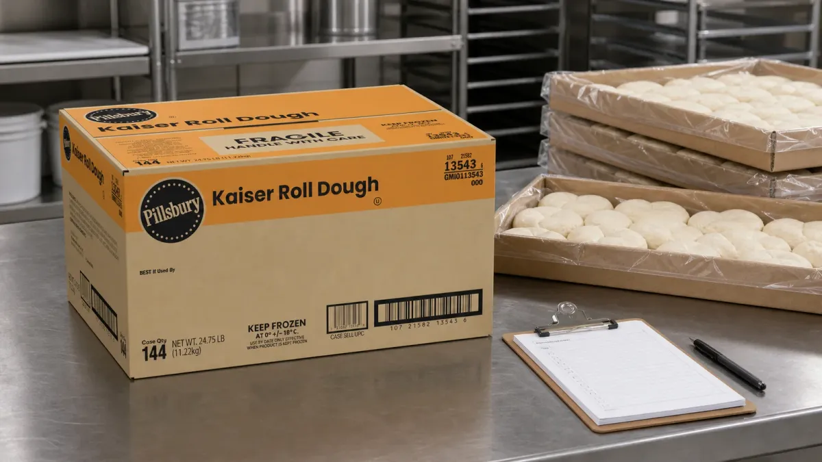 A Pillsbury Kaiser Roll Dough food-service case set aside beside a recall checklist and frozen dough inventory paperwork