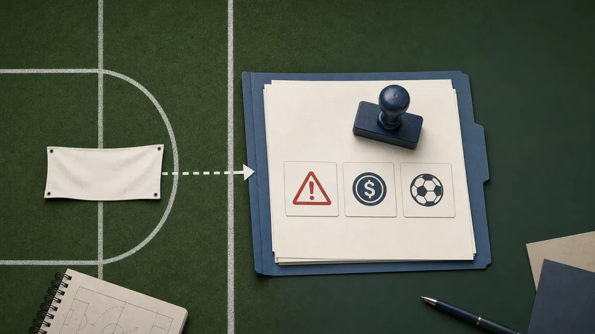 A soccer-field rule diagram shows a blank banner card moving into a review folder with warning, fine and unchanged-result icons.