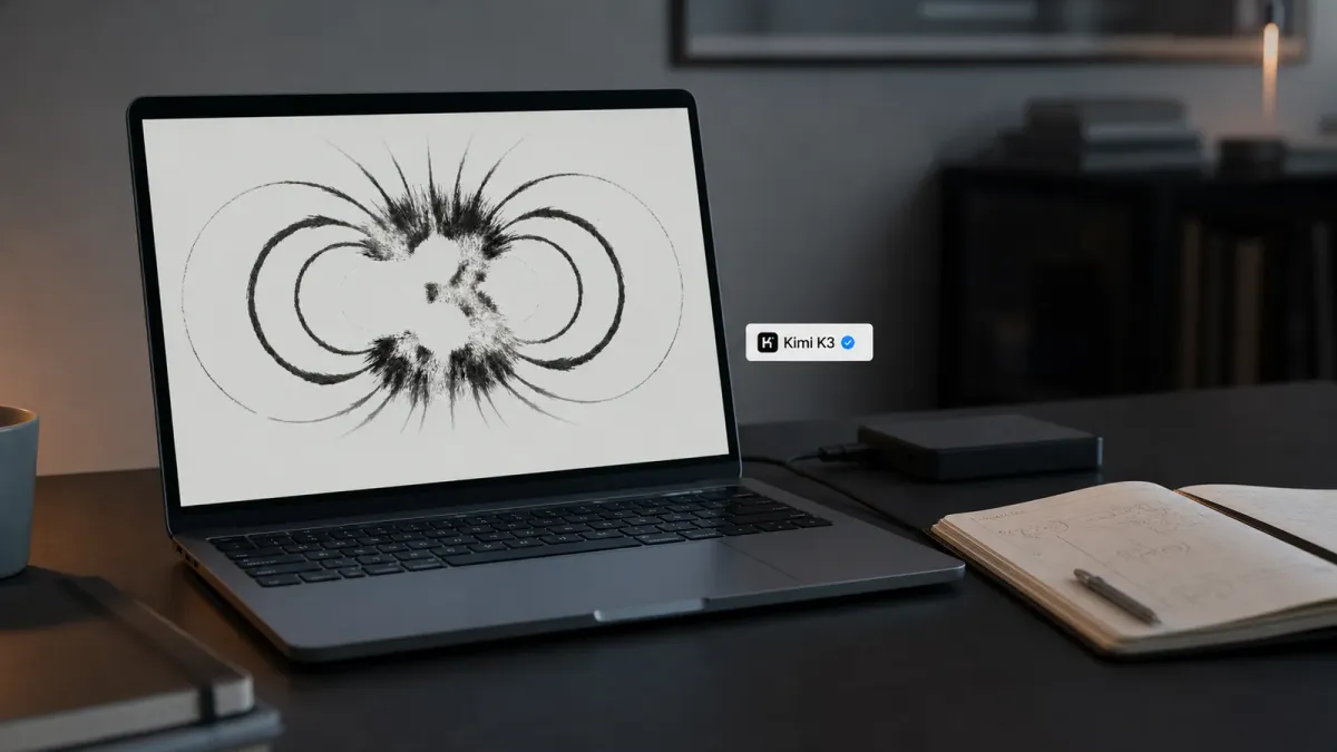 Kimi K3 launch visual shown on a developer desk beside an open notebook and external drive