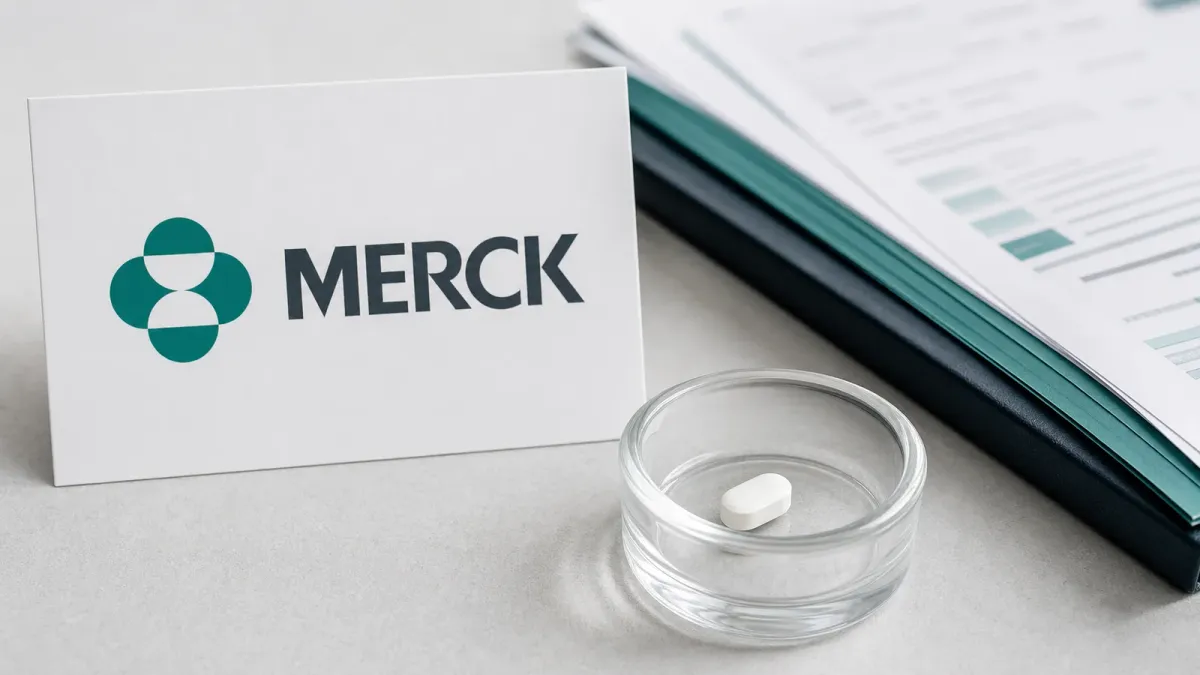 A Merck logo reference beside a once-daily pill and clinical paperwork representing the Lipfendra approval