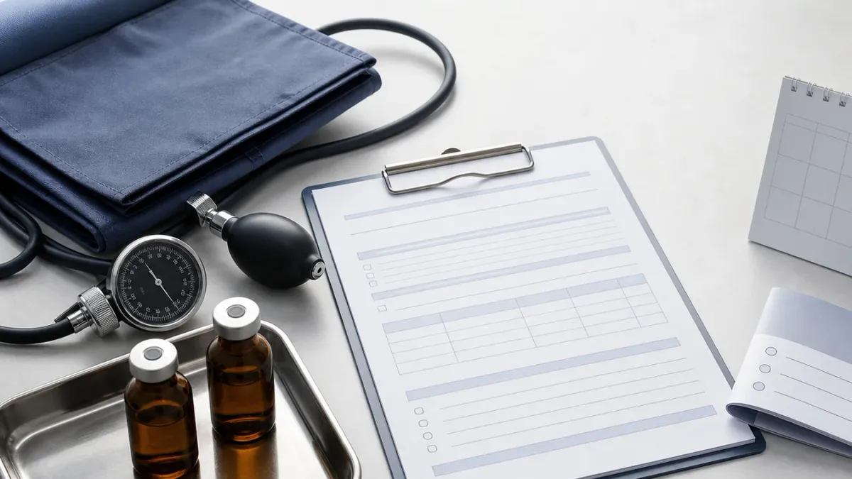 Blank lab forms, medication vials, a blood-pressure cuff, and follow-up materials arranged on an exam table for a testosterone therapy discussion.