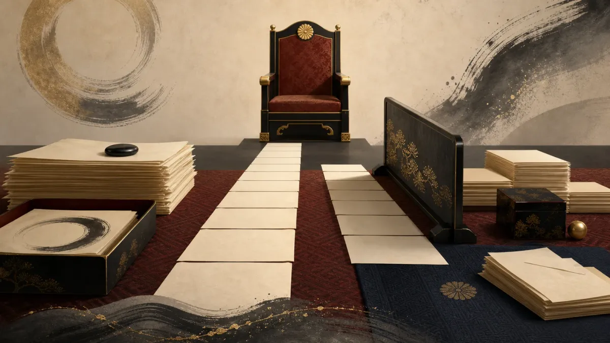 Editorial illustration of Japan imperial succession papers beside an empty ceremonial chair