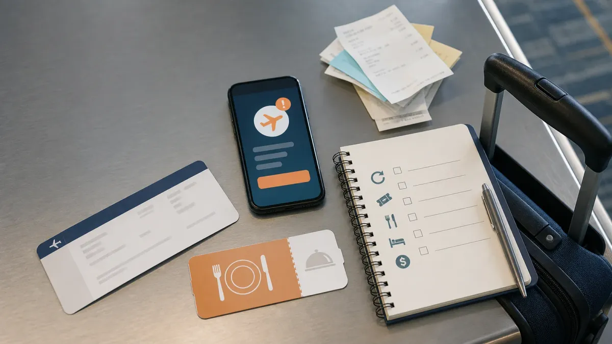 An airport counter arranged with a carry-on, boarding pass, phone alert, voucher, receipts, and checklist for a disrupted trip