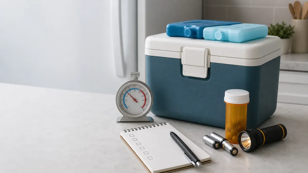 A refrigerator thermometer, cooler, ice packs, prescription bottle and flashlight arranged as a power outage safety checklist