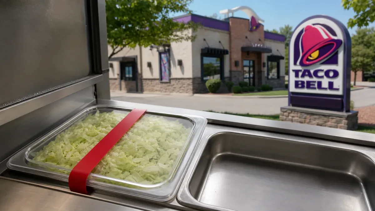 A Taco Bell restaurant behind a covered food-service pan of shredded iceberg lettuce marked by a plain red safety barrier.