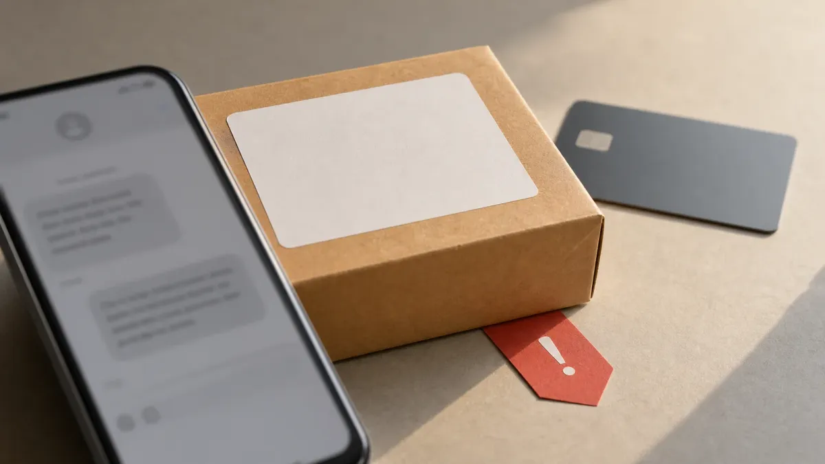 A phone, parcel, and payment card arranged to show the risk of fake delivery texts.