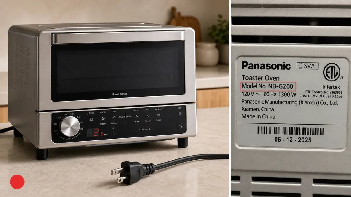 A Panasonic FlashXpress toaster oven beside a visible model label and unplugged power cord