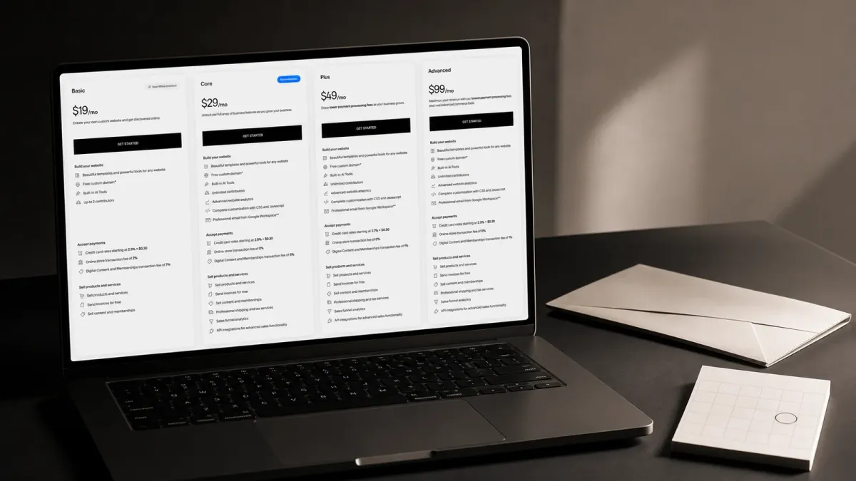 Squarespace's four annual website plan prices displayed on a laptop beside a blank billing envelope and calendar