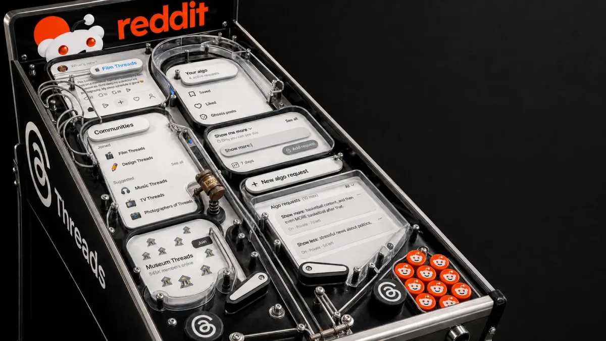 A surreal pinball machine built from the Threads interface sends ten orange Reddit conversation tokens through community lanes and an algorithm gate