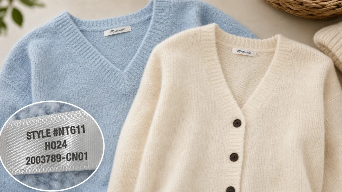 The recalled Madewell blue pullover and cream cardigan shown with a side-seam tag check reference.