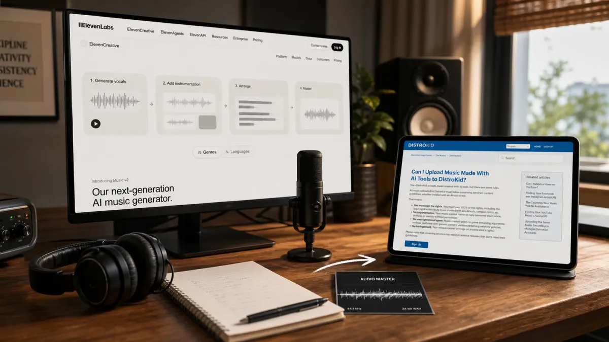 Eleven Music and DistroKid shown in a home-studio workflow beside a microphone, lyrics and an audio master