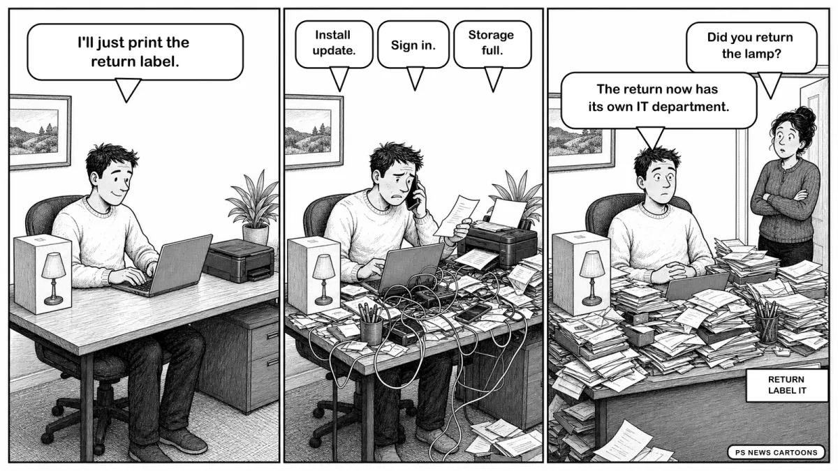 Three-panel black-and-white newspaper cartoon: a shopper tries to print a lamp return label, gets trapped by an update, login and full phone, then announces from a desk marked Return Label IT that the return has its own IT department.