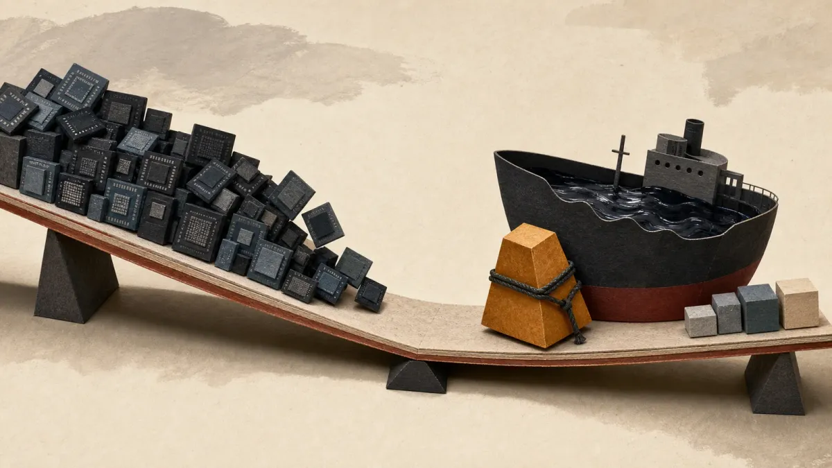 Cut-paper illustration of crowded semiconductor tiles and an oil tanker weighing down a bowed market platform