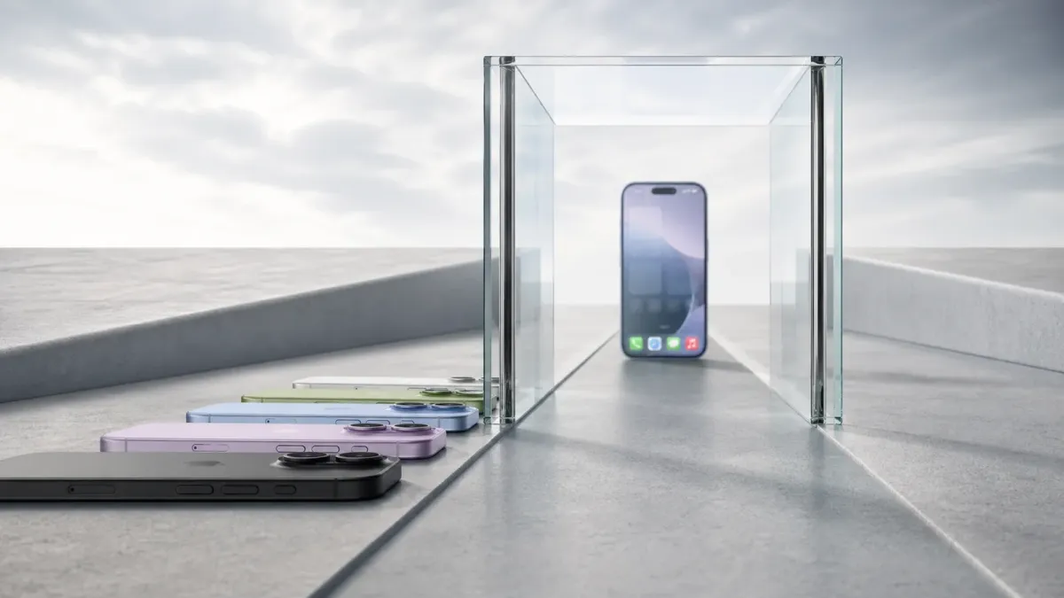 Apple iPhone 17 models move along a narrowing glass path toward a device representing the services ecosystem.