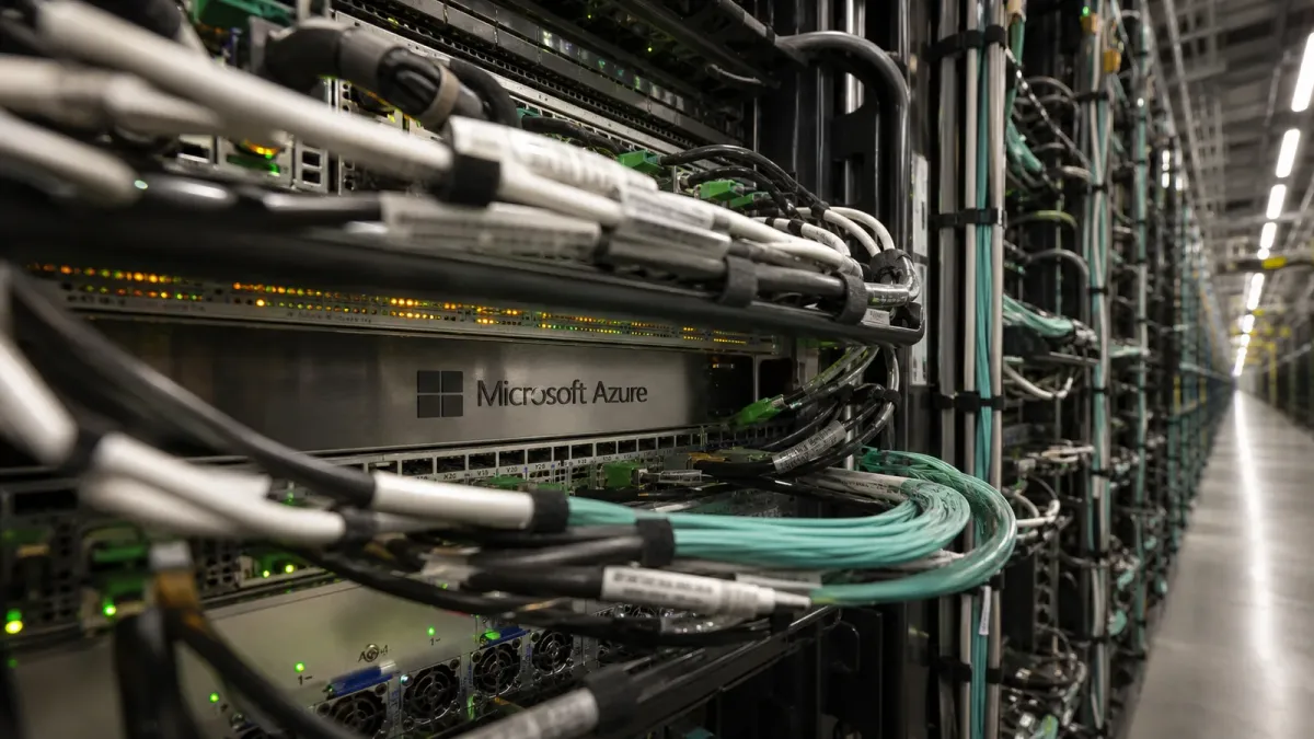 Source-grounded view through dense cabling toward recognizable Microsoft Azure server hardware