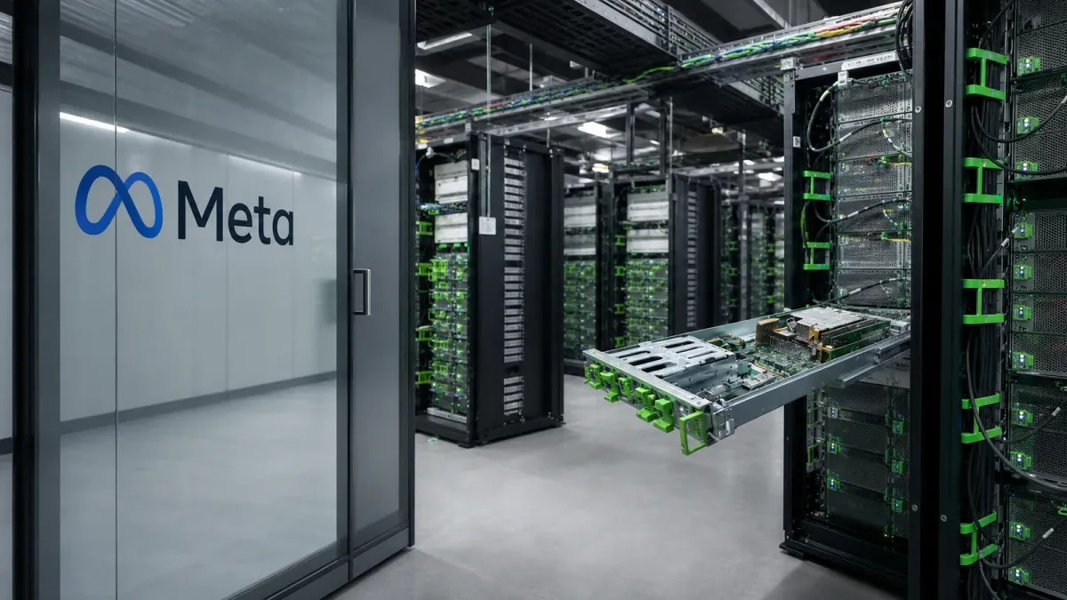 Meta's recognizable identity at the entrance to a source-grounded data center aisle lined with AI server infrastructure.
