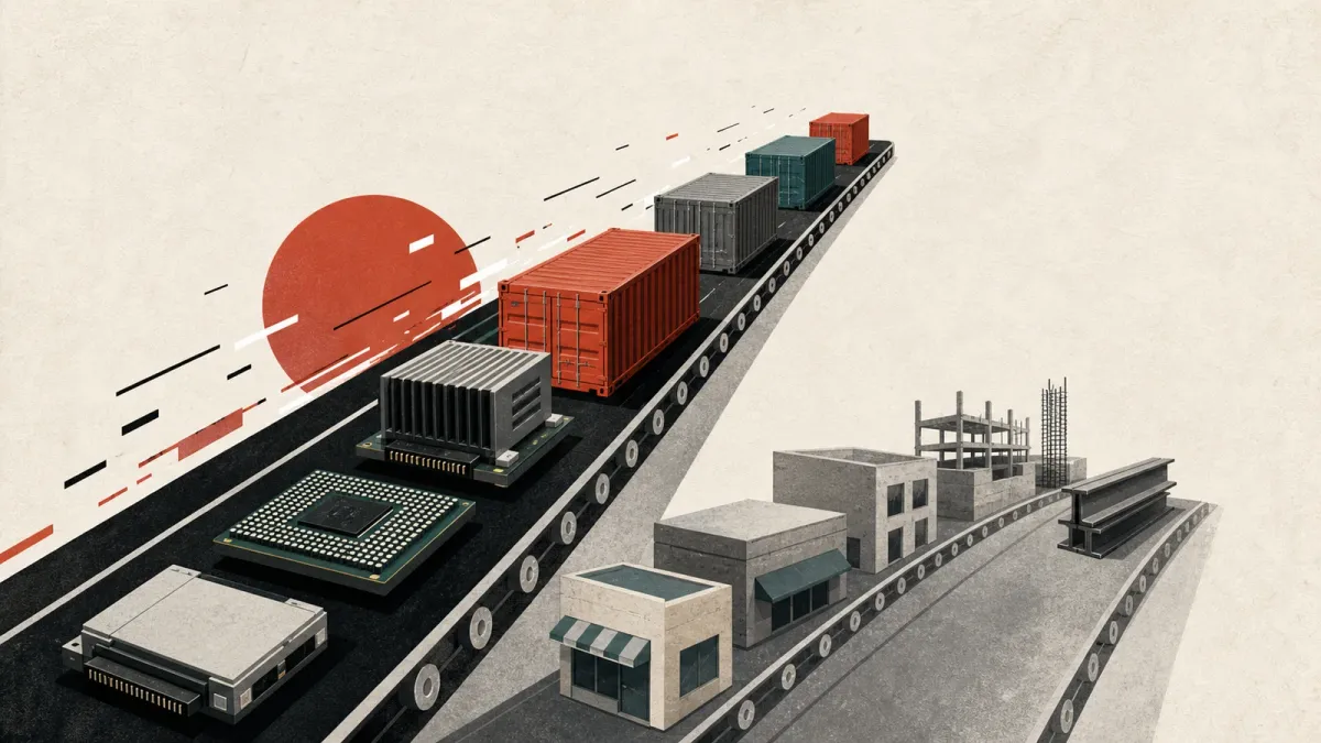 Illustration of electronics, shipping containers and muted storefront blocks moving in opposite directions