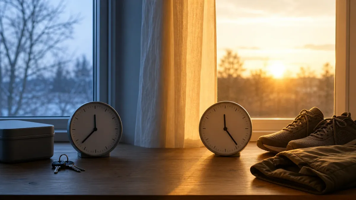 Two household clocks sit beside window light, one showing a dark winter morning and the other a brighter evening.