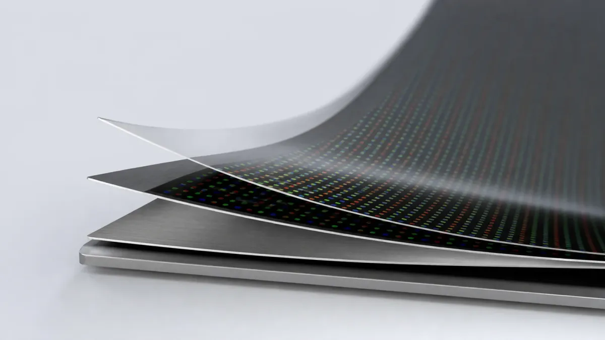 Samsung Flex Titanium display layers shown in a close product view with OLED and titanium support materials.