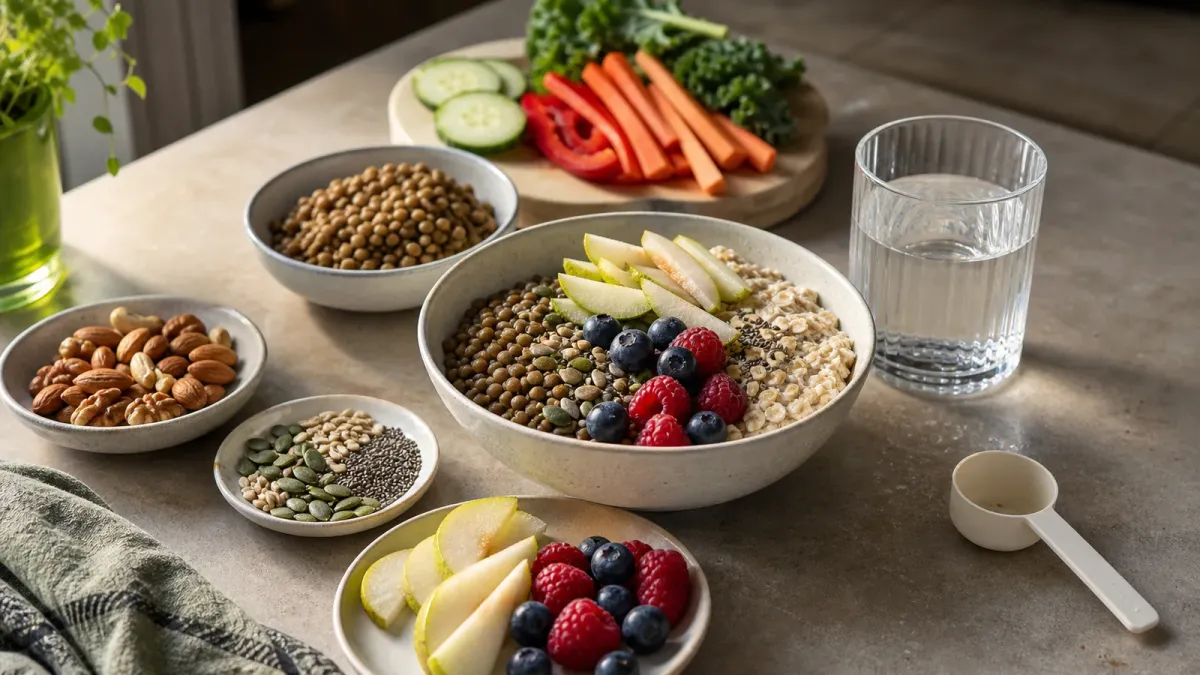 A kitchen counter with high-fiber foods, a water glass and an empty supplement scoop arranged as a gradual meal-building choice