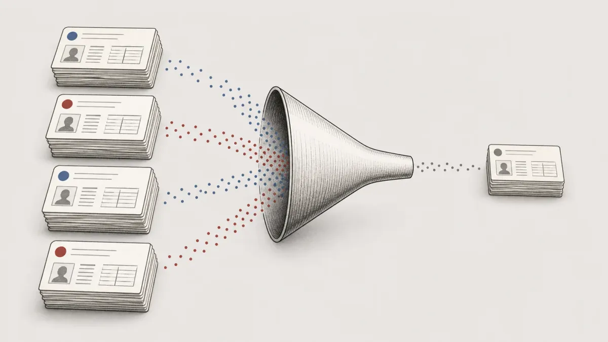 A neutral diagram showing stacks of voter-roll records moving through a verification funnel before a smaller set remains for review.