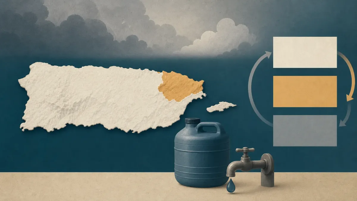 Editorial diagram of Puerto Rico water rationing with a highlighted northeast area, schedule blocks, a faucet and a water container.