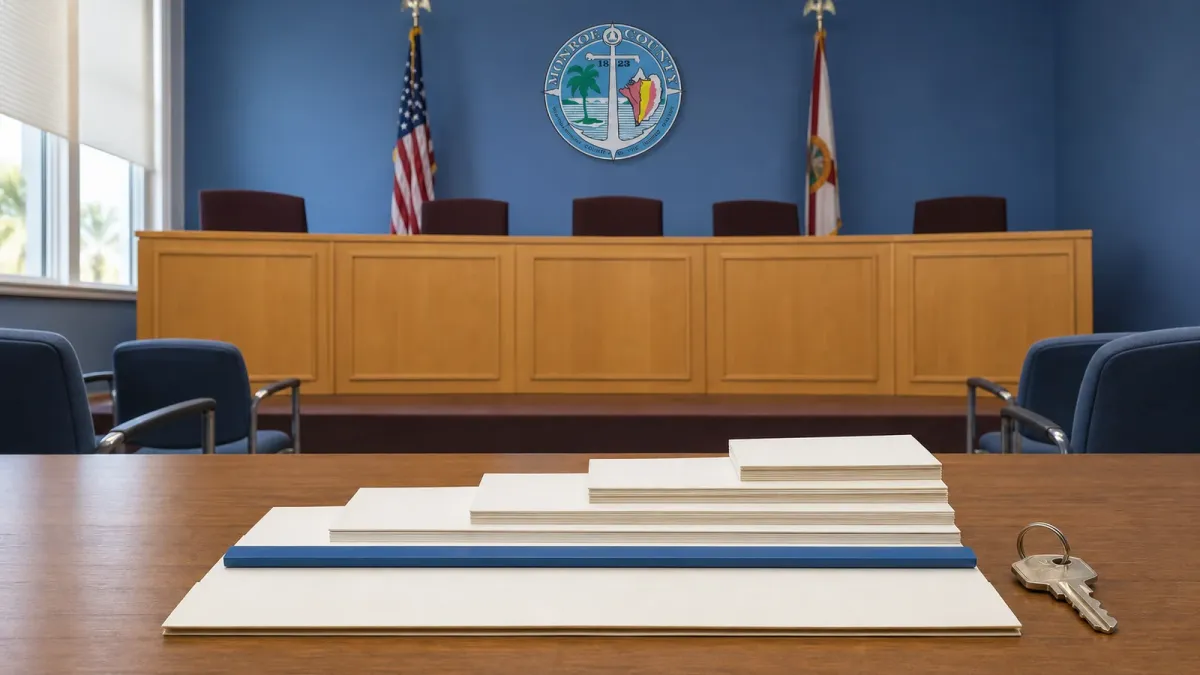 Editorial view of Monroe County’s empty commission chamber with layered property papers and a house key illustrating different tax-rate effects.