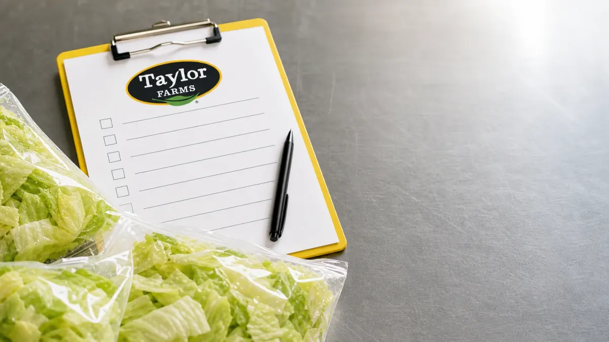 Taylor Farms recall worksheet beside pulled iceberg lettuce bags on a prep table
